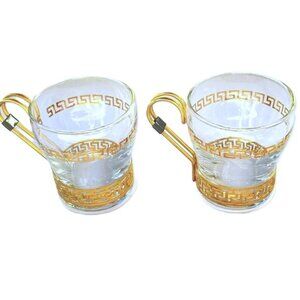 Vintage 1960s LIBBEY Hollywood Regency Greek Key 2 Glasses Key Metal Handles